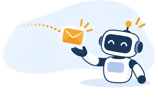 光る封筒が弧を描いて飛び、笑顔のロボットの手元に届くイラスト
