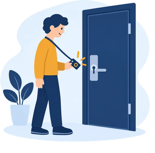 扉の前で物理セキュリティキーを鍵穴に近づけている人のイラスト